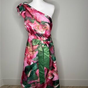 XPLUSWEAR Pink & Green One Shoulder Floral Dress – XL